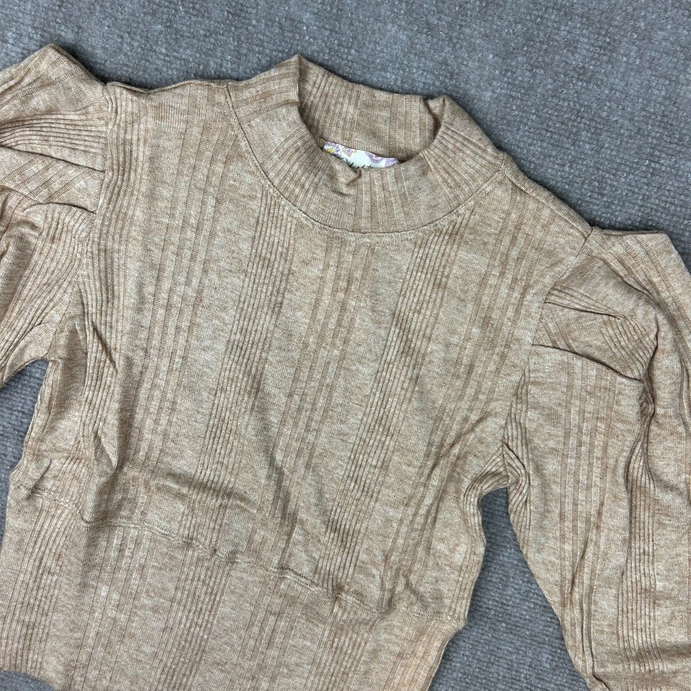 Band of the Free Sweater Womens XS Beige Ribbed Tight Knit Puff Sleeve Mock Neck